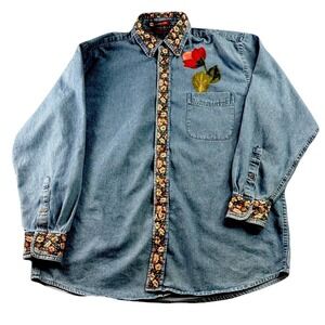 Harriton Denim Shirt Large Embroidered Rose Floral Trim‎ Button Down 100% Cotton